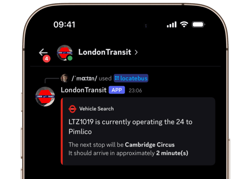 A screenshot of the LondonTransit bot displaying a bus's route and location.