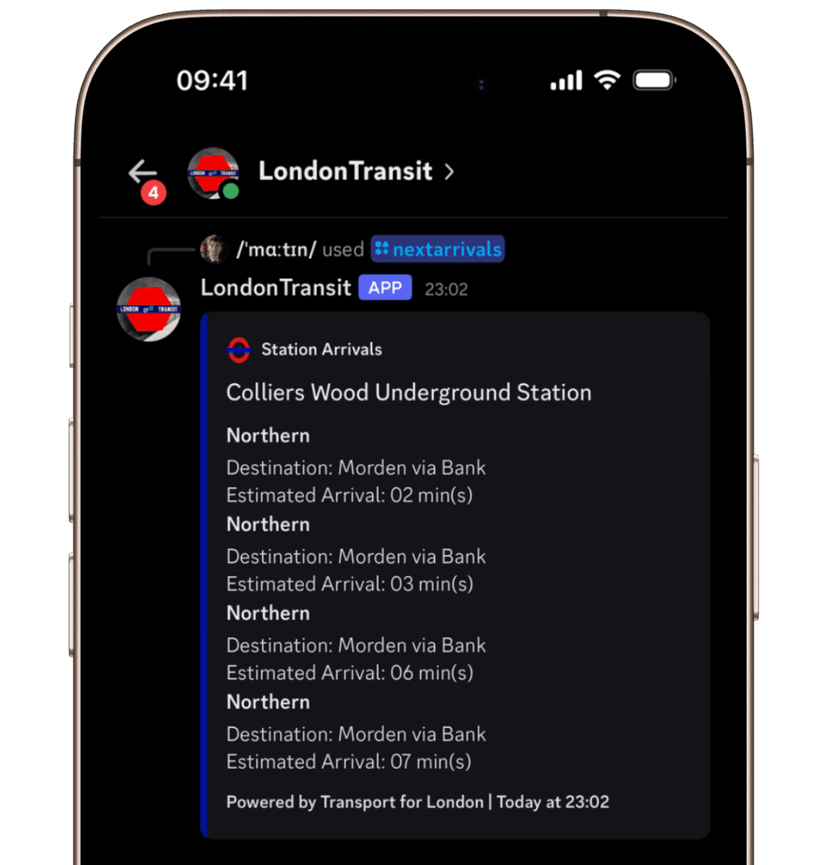A screenshot of the LondonTransit bot displaying station departures.